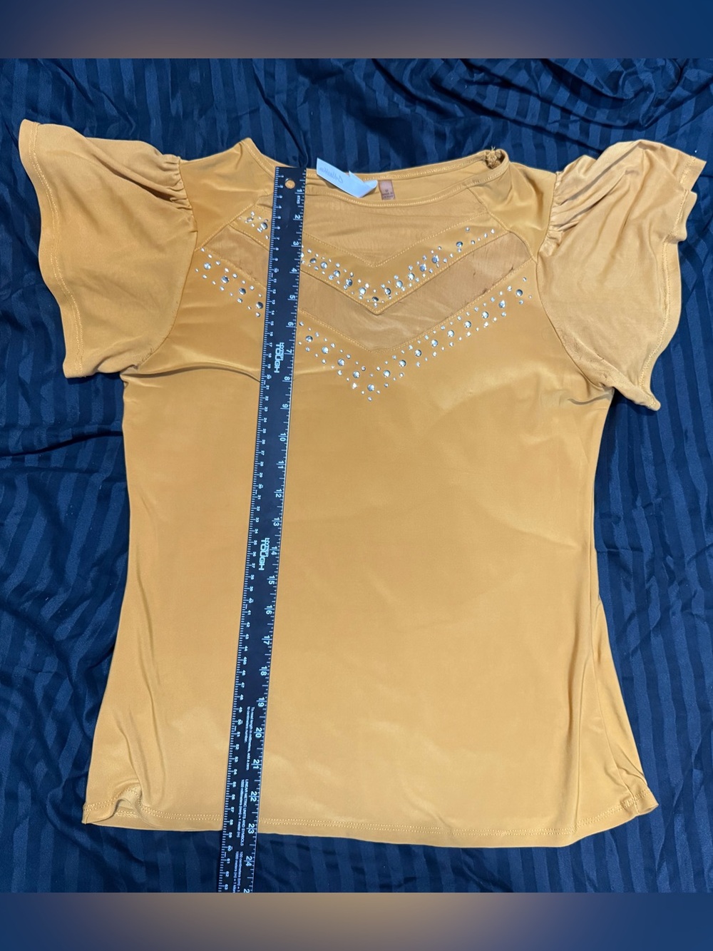 NY Collection Women’s Gold Rhinestone Mesh Yoke Top